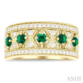 2.8 MM Hexagon Window Emerald and 1/2 Ctw Round Cut Diamond Precious Fashion Band in 14K Yellow Gold